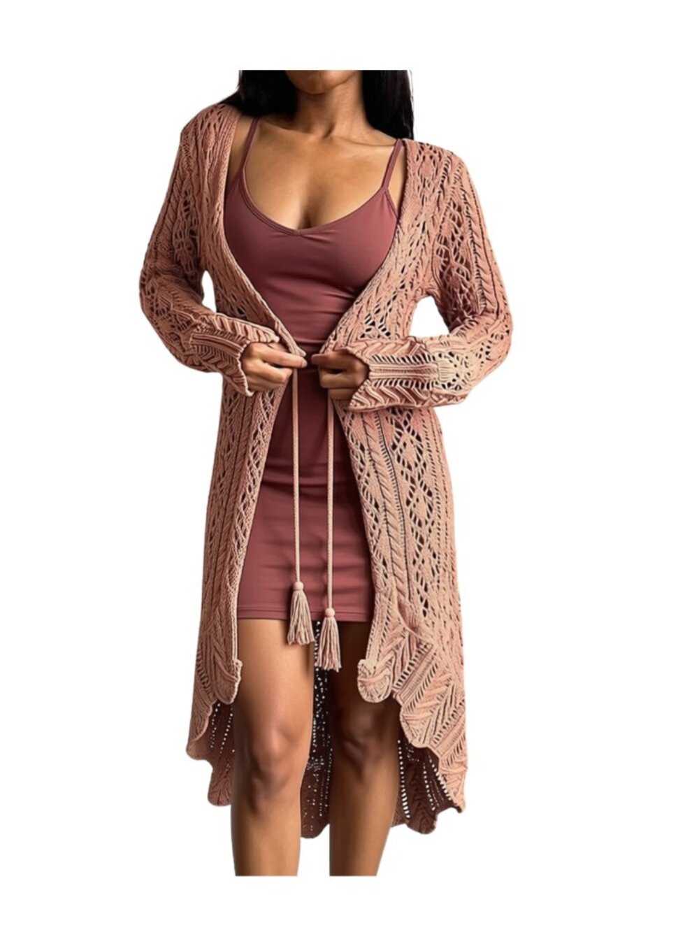 Venus Crochet Knit Duster Cardigan with Tassel Tie NWOT Size L